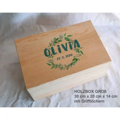 Erinnerungsbox Taufe Symbole Baby Aquarell Kranz Greenery aus Holz