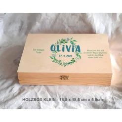 Erinnerungsbox Taufe Symbole Baby Aquarell Kranz Greenery aus Holz