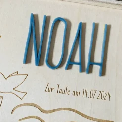 Erinnerungsbox zur Taufe aus Holz – 20x20 cm – mit Name, Datum, Motiv und Taufspruch