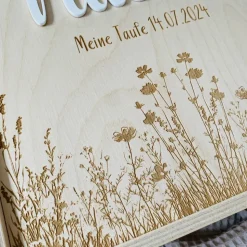 Erinnerungsbox zur Taufe aus Holz – 20x20 cm – mit Name, Datum und Motiv