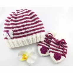 Erstlingsset  Baby Mütze und Handschuhe  weiss/beerefarben gestreift