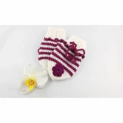 Erstlingsset  Baby Mütze und Handschuhe  weiss/beerefarben gestreift
