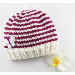 Erstlingsset  Baby Mütze und Handschuhe  weiss/beerefarben gestreift