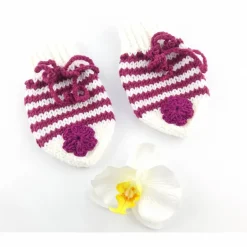 Erstlingsset  Baby Mütze und Handschuhe  weiss/beerefarben gestreift