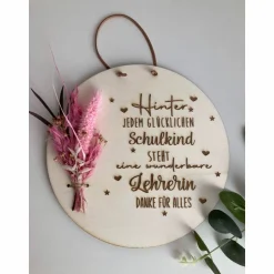 Erzieher / in, Lehrer / in Geschenk zum Abschied Holzscheibe personalisierbar - mit Trockenblumen