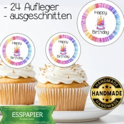 Essbarer Aufleger für Torte Muffin Dessert Happy Birthday Regenbogen Geburtstag Tortendeko Tortenbild Tortenaufleger