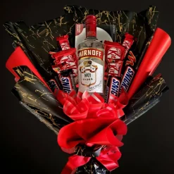 Essbarer  Blumenstrauß - Smirnoff Vodka, Snickers, Mars, KitKat, MonCherie
