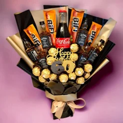 Essbarer Blumenstrauß "Jack Daniel's & Coca-Cola" – Exklusives Geschenkset mit BIFI, Ferrero Rocher & Whisky