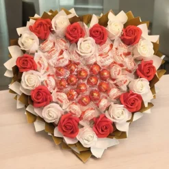 Essbarer Herz-Strauß mit Raffaello & Lindor – Rot-Weiß, handgemachte Geschenkidee