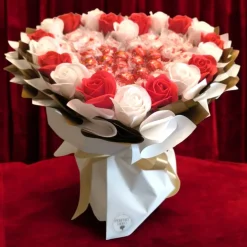 Essbarer Herz-Strauß mit Raffaello & Lindor – Rot-Weiß, handgemachte Geschenkidee