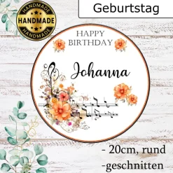 Essbarer Tortenaufleger Happy Birthday in Orange mit Noten und Namen Tortenbild Esspapier