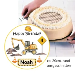 Essbarer Tortenaufleger Kindergeburtstag Bagger mit Name und Zahl personalisiert  Oblade Esspapier Tortendeko