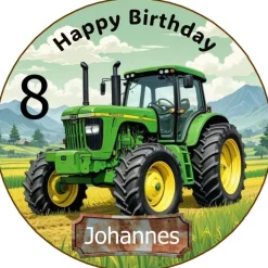 Essbarer Tortenaufleger Traktor Happy Birthday grün  Geburtstag  mit Name und Zahl Tortendeko Esspapier rund geschnitten