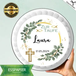 Essbarer Tortenaufleger "Zur Taufe" mit goldenen Fischen,Kreuz und Eukalyptuszweigen Tortendeko Aufleger Tortenbild