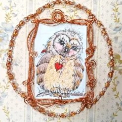 Eule mit Herz handgemalt Minibild funkelnd gerahmt kupfer rotgold Eulenbild