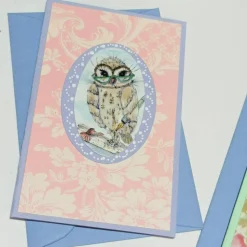 Eulen Mini Karten romantisch Blüten im Umschlag süße Klappkarte Wohndeko vintage pastell