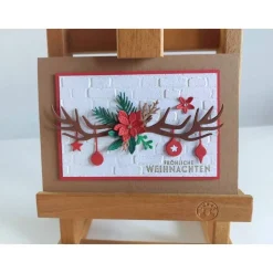 Exklusive Weihnachtskarte Hirschgeweih Braun Grün Rot Weiß – Handgemacht & Edle Deko