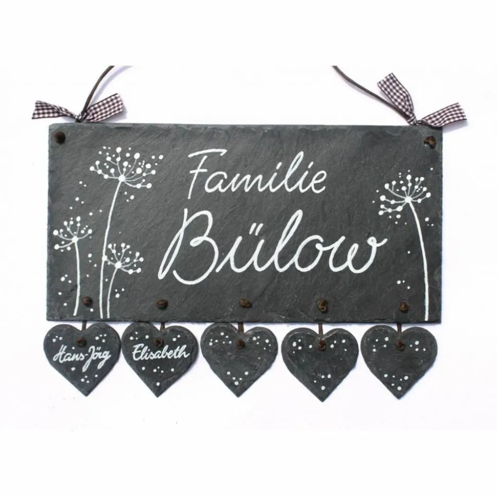 exklusives Geburtstagsgeschenk: Türschild aus Schiefer, für Familien, personalisiert mit Namen, Wetterfestes Schieferschild Pusteblumen für die Haustür der Wohnung und den Eingang am Haus