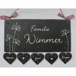 exklusives Geburtstagsgeschenk: Türschild aus Schiefer, für Familien, personalisiert mit Namen, Wetterfestes Schieferschild Pusteblumen für die Haustür der Wohnung und den Eingang am Haus