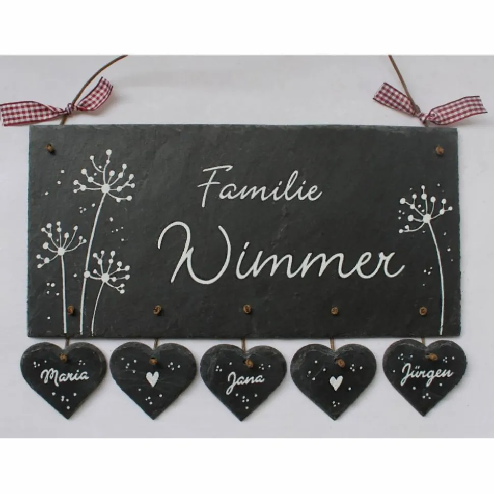 exklusives Geburtstagsgeschenk: Türschild aus Schiefer, für Familien, personalisiert mit Namen, Wetterfestes Schieferschild Pusteblumen für die Haustür der Wohnung und den Eingang am Haus