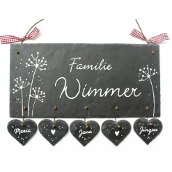 exklusives Geburtstagsgeschenk: Türschild aus Schiefer, für Familien, personalisiert mit Namen, Wetterfestes Schieferschild Pusteblumen für die Haustür der Wohnung und den Eingang am Haus