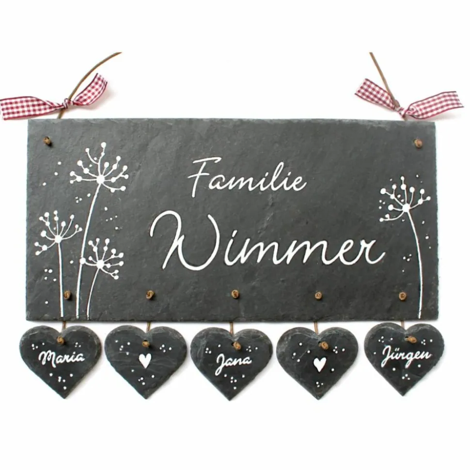 exklusives Geburtstagsgeschenk: Türschild aus Schiefer, für Familien, personalisiert mit Namen, Wetterfestes Schieferschild Pusteblumen für die Haustür der Wohnung und den Eingang am Haus