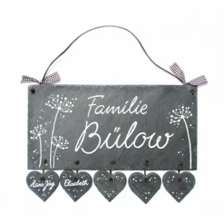 exklusives Geburtstagsgeschenk: Türschild aus Schiefer, für Familien, personalisiert mit Namen, Wetterfestes Schieferschild Pusteblumen für die Haustür der Wohnung und den Eingang am Haus