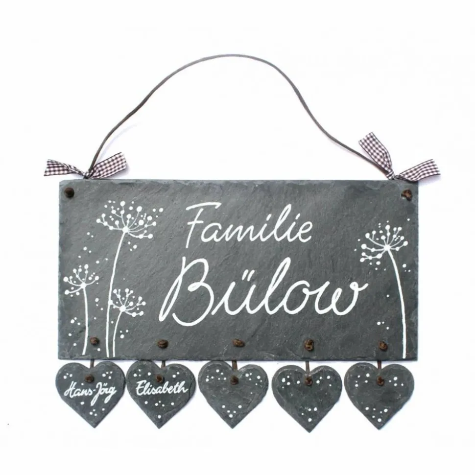 exklusives Geburtstagsgeschenk: Türschild aus Schiefer, für Familien, personalisiert mit Namen, Wetterfestes Schieferschild Pusteblumen für die Haustür der Wohnung und den Eingang am Haus