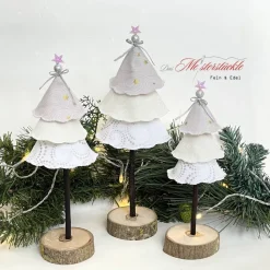 Exlusive Dekobäumchen mit Holzfuß weiß gold – Handgemachte Weihnachtsdeko in 3 Größen