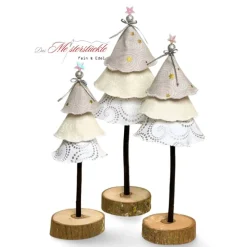 Exlusive Dekobäumchen mit Holzfuß weiß gold – Handgemachte Weihnachtsdeko in 3 Größen