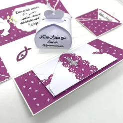 Explosionsbox Kommunion/Taufe – Geldgeschenk, Bibel, Mädchen – Handgemachtes Unikat in Rose/Weiß