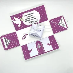 Explosionsbox Kommunion/Taufe – Geldgeschenk, Bibel, Mädchen – Handgemachtes Unikat in Rose/Weiß