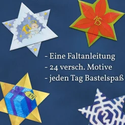 Faltstern-Adventskalender für Kinder von 6 bis 100+ Jahren, eine Faltanleitung, 24 Motive, jeden Tag ein Stern (je 7cm)
