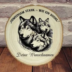 Familiengeschenk,Baumscheibe mit Lasergravur, Wolfsbild,Wanddeko,Tischdeko,Türschild,