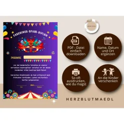 Faschingsurkunde für den Kinderfasching als Mitgebsel | Urkunde Fasching | A4 | Urkunden ausdrucken | Kinderparty |