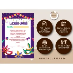 Faschingsurkunde für den Kinderfasching als Mitgebsel | Urkunde Fasching | A4 | Urkunden ausdrucken | Kinderparty |