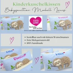 Faultierkissen Sloth Namenskissen Taufkissen Kuschelkissen Kindergartenkissen Geburtsgeschenk Kinderkissen Taufgeschenk
