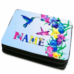 Federmäppchen inkl. Inhalt Motiv Kolibri mit Name / personalisierbar / Blume / Vogel