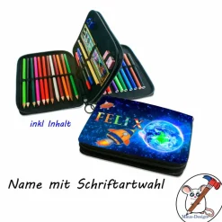 Federmäppchen inkl. Inhalt Motiv Rakete mit Name / personalisierbar / Raumschiff / Weltall / Erde / UFO / Planet