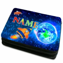 Federmäppchen inkl. Inhalt Motiv Rakete mit Name / personalisierbar / Raumschiff / Weltall / Erde / UFO / Planet