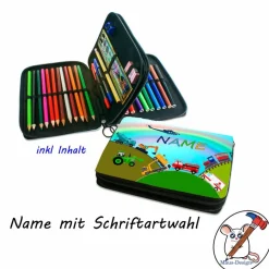 Federmäppchen inkl. Inhalt Motiv Fahrzeuge mit Name / personalisierbar