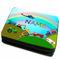 Federmäppchen inkl. Inhalt Motiv Fahrzeuge mit Name / personalisierbar