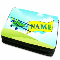 Federmäppchen inkl. Inhalt Motiv Flugzeug mit Name / personalisierbar