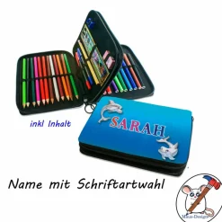 Federmäppchen inkl. Inhalt Motiv Delfin mit Name / personalisierbar / Meer / Ozean / Junge / Mädchen