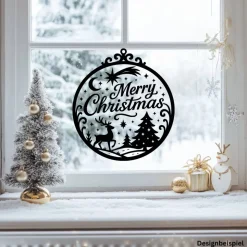 Fensterbild Kranz Aufkleber Merry Christmas Ornament Stil | Winterzeit Deko für Advent und Weihnachten, Exklusiv
