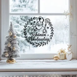 Fensterbild Kranz Aufkleber schönen Nikolaustag | Winterzeit Deko Adventzeit und Nikolaus , Exklusiv