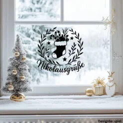 Fensterbild Kranz Aufkleber Nikolausgrüße Nikolaustag | Winterzeit Deko Adventzeit und Nikolaus , Exklusiv