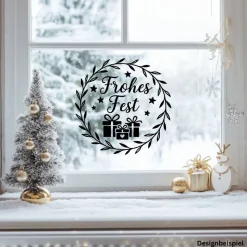 Fensterbild Kranz Aufkleber Frohes Fest Geschenke| Winterzeit Deko für Advent und Weihnachten, Exklusiv