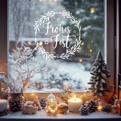 Fensterdeko Schriftzug Frohes Fest Fensterbild Weihnachtsdekoration Sticker Kranz 2 Farben 3 Größen