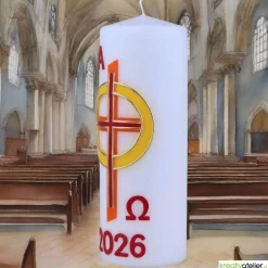 Feuer des Glaubens – christliche Osterkerze mit Kreuz & goldgelbem Sonnenring, handverzierte Echtwachskunst